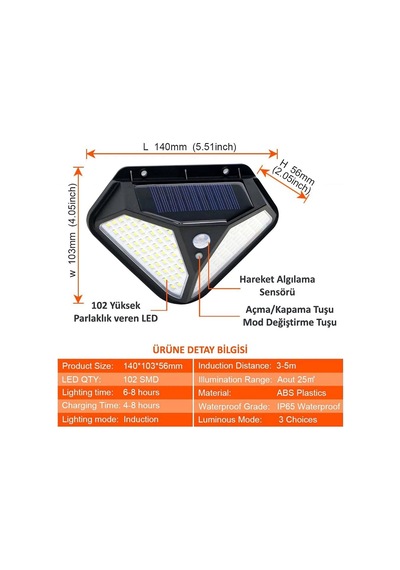 Technosmart 102 Ledli Solar Güneş Enerjili 3 Modlu Bahçe Aydınlatması Hareket Sensörlü Lamba