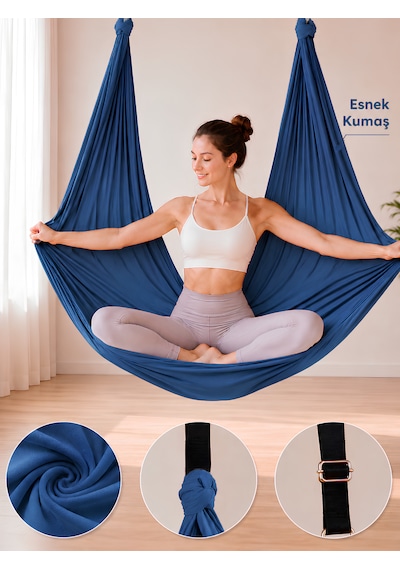 Yoga Hamağı Fly Salıncağı Yükseklik Ayarlanabilir Antigravity Esnek Askılı Denge Spor Aleti Pilates Fitness Denge Esneme Gerdirme Gelişim Mavi