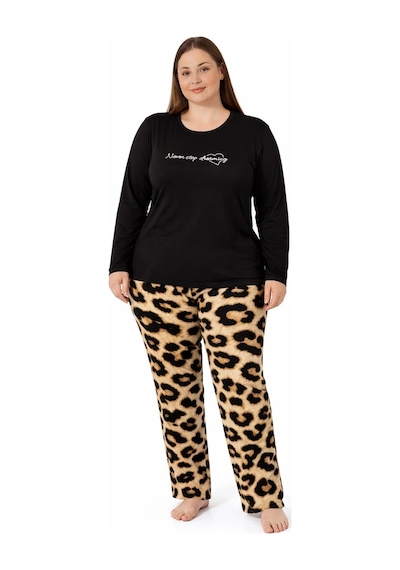 Pemilo Kadın 7254 Uzun Kol Likralı Büyük Beden Pijama Takımı Siyah