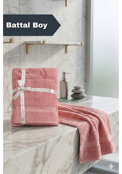 2 Li Battal Boy Banyo Havlu Seti - 100% Pamuk 90x170 Cm + 50x90 Cm Ekstra Yumuşak Emici Havlu Somon