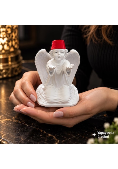 Melek Biblo Kanatlı Melek Figürü Beyaz Kırmızı Fes Dekoratif Masa Süsü 10x9 Cm