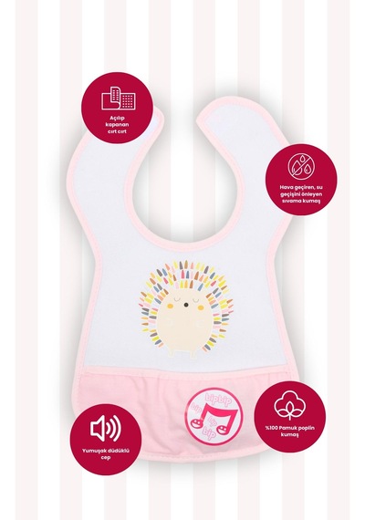 Düdüklü Cepli Sıvama Mama Önlüğü - Renkli Kirpi Koyu Pembe Koyu Pembe