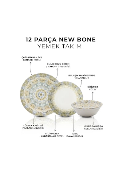 Kitchen Life 12 Parça 4 Kişilik Mozaik Bahçesi Porselen Yemek Takımı  - New Bone  Yemek Seti