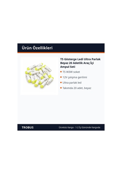 Trobus T5 Gösterge Ledi Ultra Parlak Beyaz 20 Adetlik Araç İçi Ampul Seti