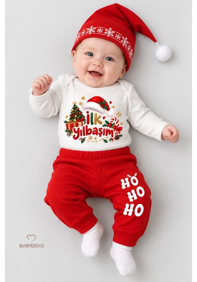 Babyden's Bebek Yılbaşı Takımı İlk Yılbaşım Baskılı Noel Kıyafeti %100 Pamuk 3'lü Body Pantolon Noel Şapkası Yılbaşı Kostüm Kırmızı - Beyaz