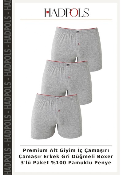 Hadpols Premium Alt Giyim İç Çamaşırı Çamaşır Erkek Gri Düğmeli Boxer 3'lü Paket %100 Pamuklu Penye Hadpols Premium Alt Giyim İç Çamaşırı Çamaşır Erkek Gri Düğmeli Boxer 3'lü Paket %100 Pamuklu Penye