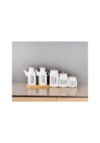 6 Parça Bambu Standlı Kare Porselen 1000ml Yağdanlık Ve 3 Lü Tea Sugar Coffe Kavanoz Seti Beyaz Beyaz