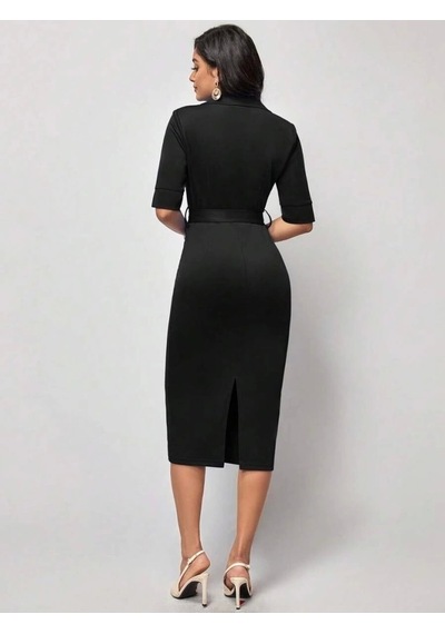 Defymoda Kadın Kısa Kollu Yakalı Kruvaze Yakalı Beli Kemerli Midi Modal Elbise Siyah
