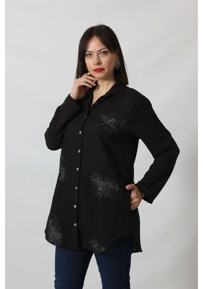 Moda Berray Sb-092 Siyah Gümüş Yaldızlı Güneş Desenli Kolu Apoletli Yandan Cepli Tunik Gömlek Kadın Büyük Beden Siyah Moda Berray Sb-092 Siyah Gümüş Yaldızlı Güneş Desenli Kolu Apoletli Yandan Cepli Tunik Gömlek Kadın Büyük Beden Siyah