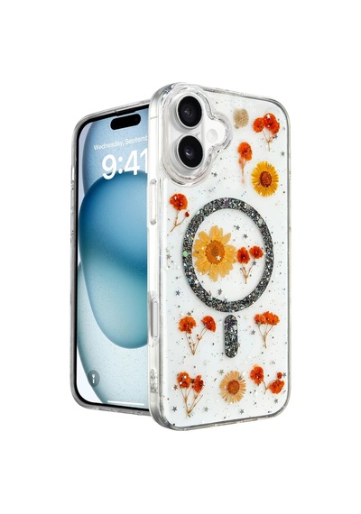 Newface Apple Apple iPhone Uyumlu  16 Kılıf Daisy Simli Magsafe Kapak - Siyah Şeffaf