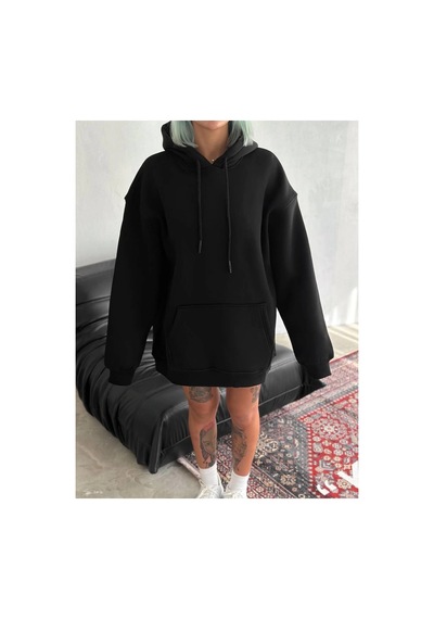 Kadın Kapüşonlu Kanguru Cepli 3 İplik Pamuklu Oversize Hoodie Sweatshirt - Siyah