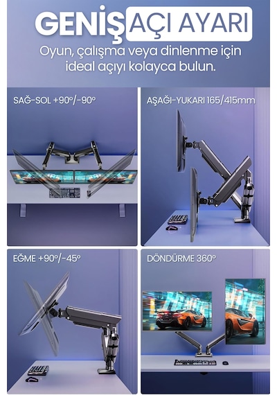 Çiftli Monitör Kolu Vesa Uyumlu Hareket Ayarlanabilir Monitör Standı 17-32" 9+9 Kg Kapasite Tutucu