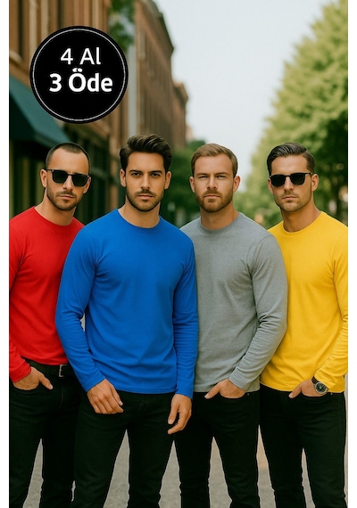 Rich Erkek Sarı-mavi-kırmızı-gri Melanj 4'lü Paket Basic Uzun Kollu Tişört Body T-shirt Çok Renkli