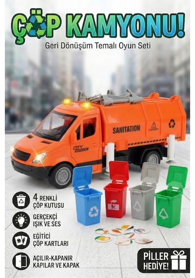 Çöp Kamyonu Oyuncak Seti - Sesli Işıklı Geri Dönüşüm Arabası - 4 Renkli Çöp Kutulu Ve Kartlı - 27 Cm