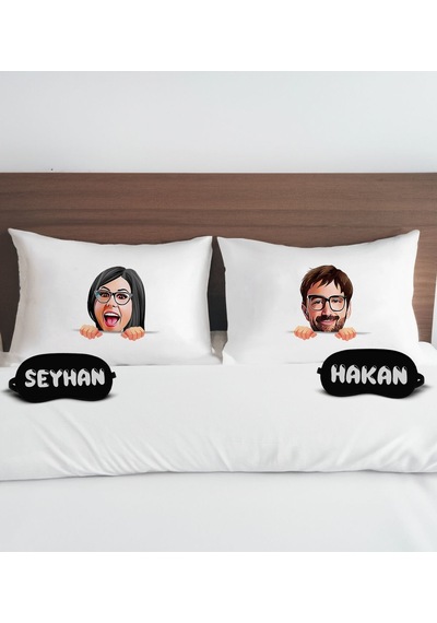 Bk Gift Kişiye Özel Karikatürlü Pamuklu Yastık Kılıfı Ve Göz Bandı Çift Uyku Seti-3, Tasarım Ev Tekstili, Uyku Bandı, Ev Hediyesi