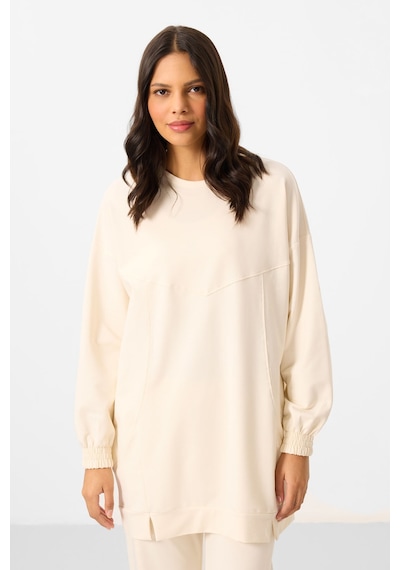 Ekru O Yaka Basic Oversize Kadın Eşofman Tunik Takım - 95347 Ekru