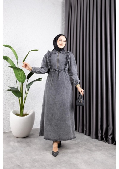 Harman Butik Kadın Fır Fırlı Belden Bağlamalı Denim Kot Elbise Siyah Siyah