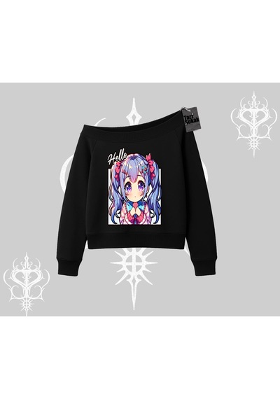 Startmore Kayık Yaka Sweatshirt Hello Anime Kız Sevimli Karakter Baskılı Siyah