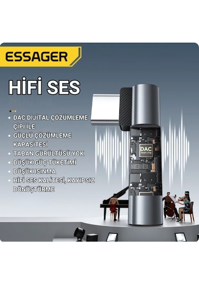 Essager L Tip Type-c To 3.5mm Ses Ve Kulaklık Çıkışı, Hifi Ses Destekli, Telefon, Tablet, Pc Uyumlu Gri