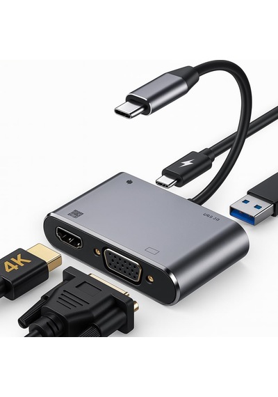 4in1 Usb C Hdmı Vga Adaptörü, Usb C Hub, 4k Hdmı, 1080p Vga, Usb 3.0, Usb C Pd Şarj, Macbook Pro/air/ipad Pro 2018 / Xps/ Uyumlu Sku: Mır8690010134035