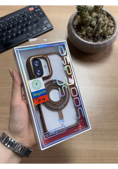 Apple Uyumlu iPhone 16 Standlı Ve Yüzüklü Magsafe Kılıf Soocase721 Kahverengi