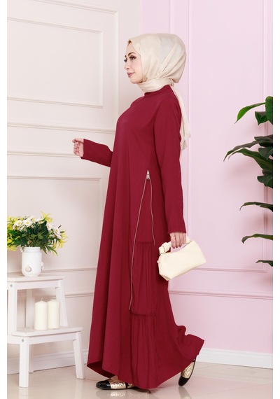 Sevitli Yanı Fermuar Detaylı Tesettür Elbise-bordo-4692 Bordo