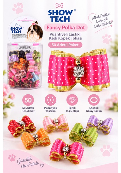 Showtech Fancy Polka Dot Puantiyeli Lastikli Kedi Köpek Tokası 50 Adetli Paket