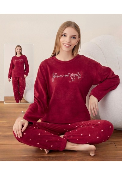 Boyraz Kadın Kışlık Bisiklet Yaka Soft Kadife Pijama Takımı 07012 - 1 Adet Kırmızı