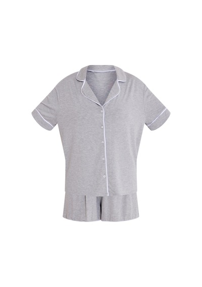 Düğmeli Biyeli Şortlu Pijama Takımı Gri
