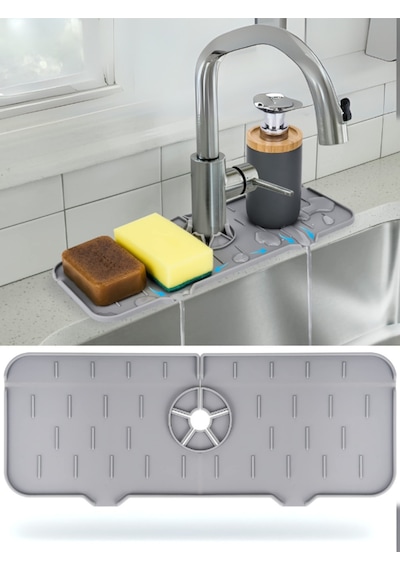 Mucit Home Silikon Musluk Matı Su Geçirmez Lavabo Kenar Damlatmaz Altlık Düzenleyici Mat Gri