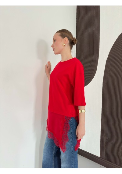 Verymoda Dantel Ve Saten Detaylı Asimetrik Tişört D2942 Kirmizi