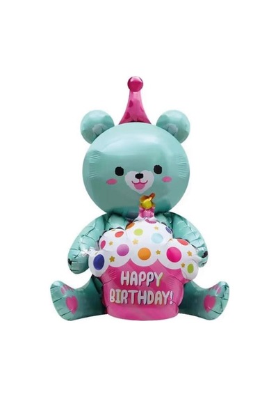 92x73 Cm Folyo Balon Oturan Ayı Cupcakeli Yeşil Parti Ve Doğum Günü Balonu Çok Renkli