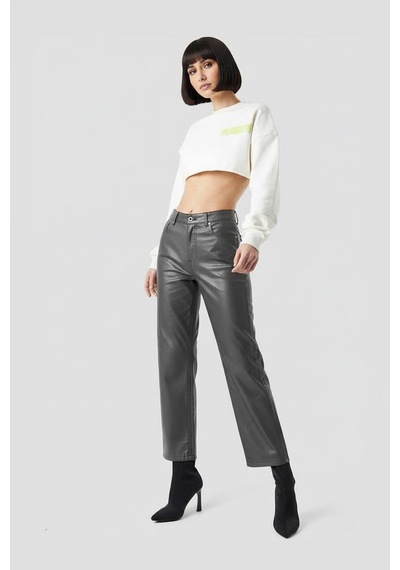 Kadın Yüksek Bel Parlak Mum Kumaş Wide Leg Jean Pantolon Füme