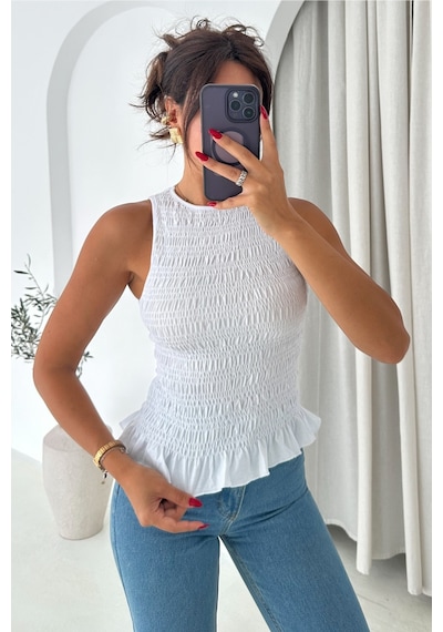 Femelle Beyaz Fırfırlı Büzgülü %100 Pamuk Bluz