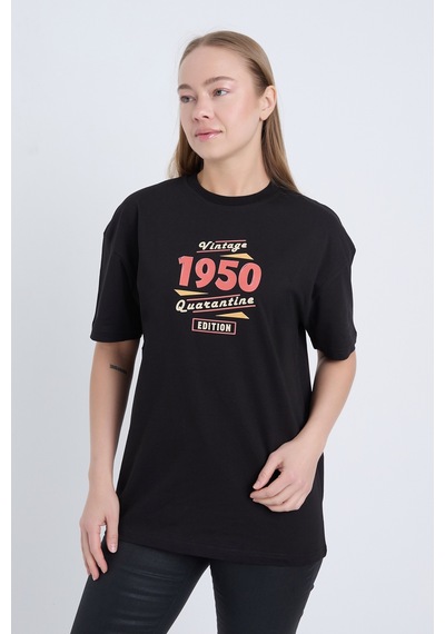 Kadın Oversize Baskılı T-shirt Siyah Vintage 1950 SIYAH