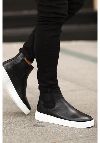 Shoetyle - Siyah Hakiki Deri Erkek Chelsea Bot - Beyaz Taban - 250-041 -1164 Siyah