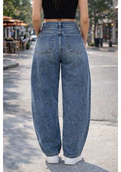Cedy Denim Cedy Denım Yüksek Kalite Kadın Yüksek Bel Baggy Skater Jean Mavi