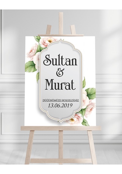 Söz Nişan Düğün İçin 50x70 Karşılama Panosu - Siyah Altın Desenli Beyaz