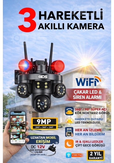 9mp Tam Hareketli 3 Kameralı Wifi Güvenlik Kamerası - Çakar Led -sirenli