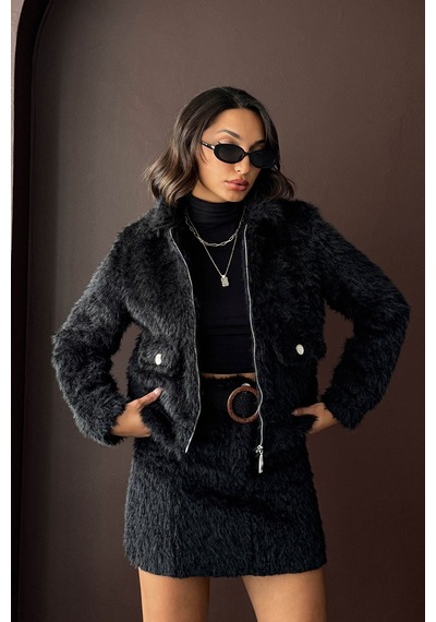 Verymoda Suni Kürk Görünümlü Kadın Ceket Siyah