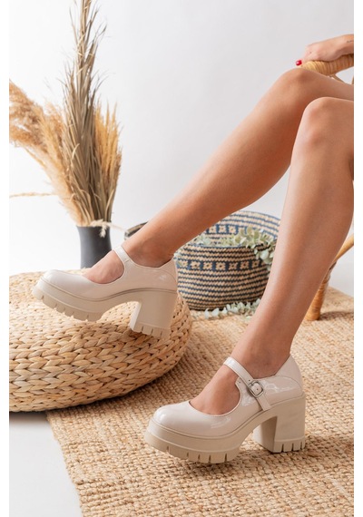Asmi Shoes Tek Baletli Neon 8 Cm Topuklu Platformlu Loafer Ayakkabı Krem Rugan Krem