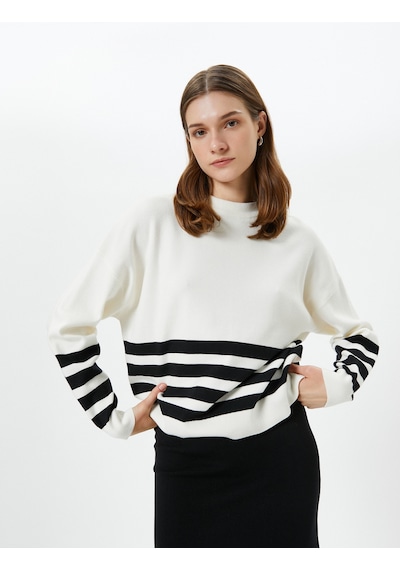 Koton Oversize Kazak Bisiklet Yaka Uzun Kollu Siyah Çizgili 4wak90161ht SİYAH ÇİZGİLİ