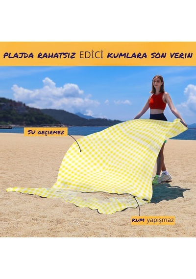 Plaj Havlusu, Piknik Örtüsü, Plaj Matı, Çantalı Plaj Hasırı,kamp Battaniyesi, Kamp Matı, Katlanabilir, Hafif, Su Geçirmez, Piknik Matı Kum Geçirmez Beyaz-sarı Kare Diğer