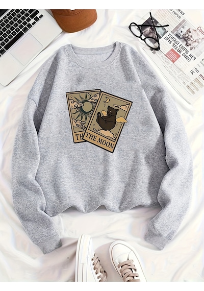 Uyguntarz Unisex Tarot Kart Baskılı Oversize Sweatshirt Gri
