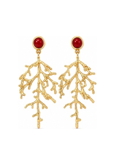 Kırmızı Taş Detaylı Deniz Mercanı Formlu Gold Küpe Vintage Şık Ta Çok Renkli