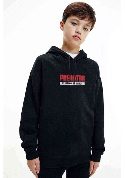 Tshirthane Predator Hunting Grounds Baskılı Unisex Çocuk Kapüşonlu Sweat Siyah