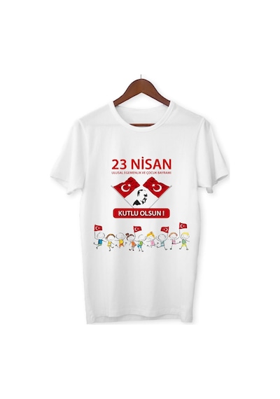 Alpşan Ticaret 23 Nisan Çocuk Bayramı Baskılı Çocuk Tişört 23 Nisan T-shirt 47 Beyaz