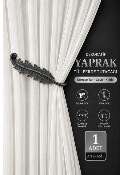 Dekoratif Yaprak Tül Perde Tutacağı Kornişe Takılan Hayalet Kol Bağı Delme Vida Yok 1 Adet Antrasit