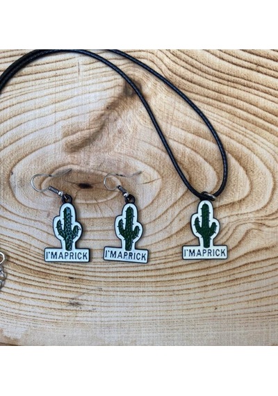 Kaktüs I'm Maprick Kolye Küpe Renkli Unisex Metal Kolye Küpe Seti