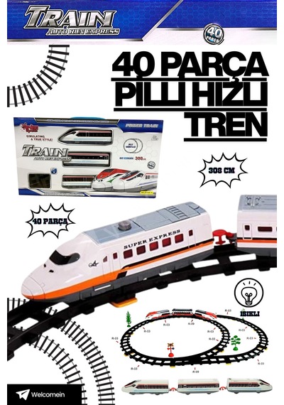 Welcomein 40 Parça Pilli Işıklı 308 Cm Hızlı Tren Seti Şalterli Ve Kavisli Raylı Ağaç Işaretli Oyun Seti
